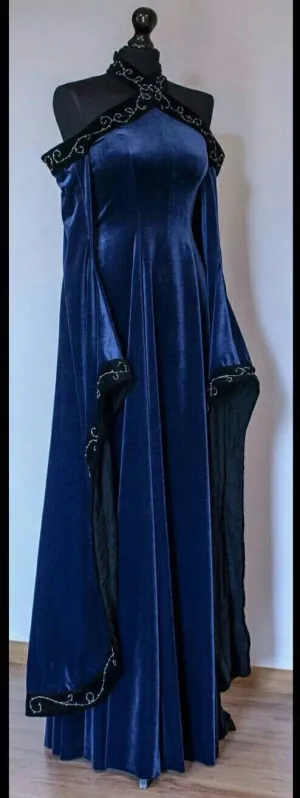 Vintage Dark Blue Halter A-Line Velvet Long Formal Prom Dress Evening Dress, DP5272