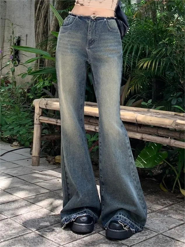 Vintage Gewaschene Schlaghose mit Niedriger Taille
