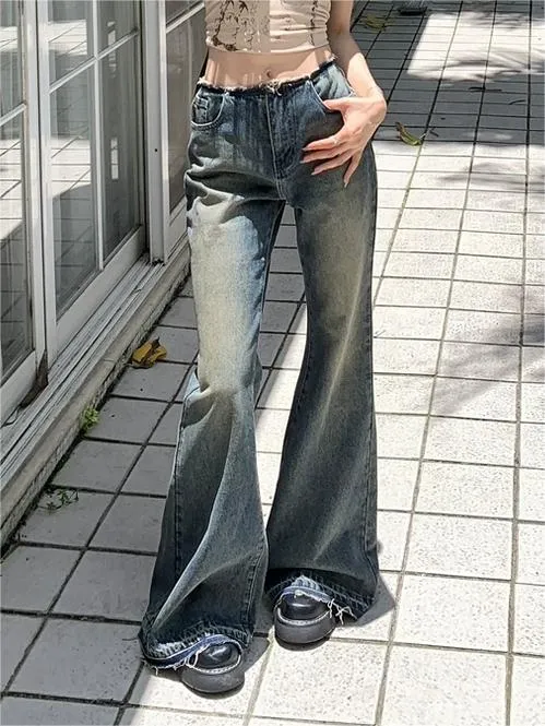 Vintage Gewaschene Schlaghose mit Niedriger Taille