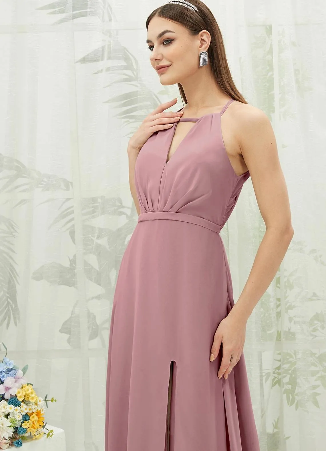 Vintage Mauve Chiffon Halter V-Neck Slit  Backless Maxi Bridesmaid Dress