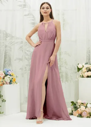 Vintage Mauve Chiffon Halter V-Neck Slit  Backless Maxi Bridesmaid Dress