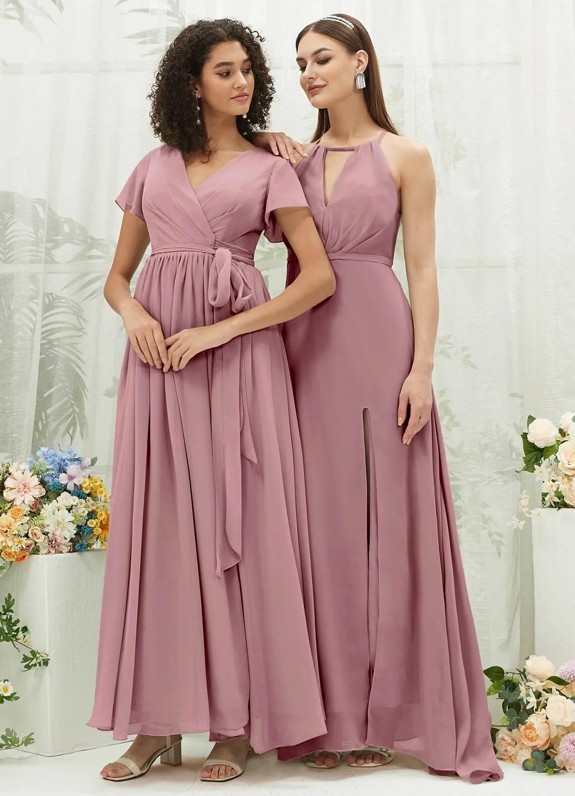 Vintage Mauve Chiffon Halter V-Neck Slit  Backless Maxi Bridesmaid Dress