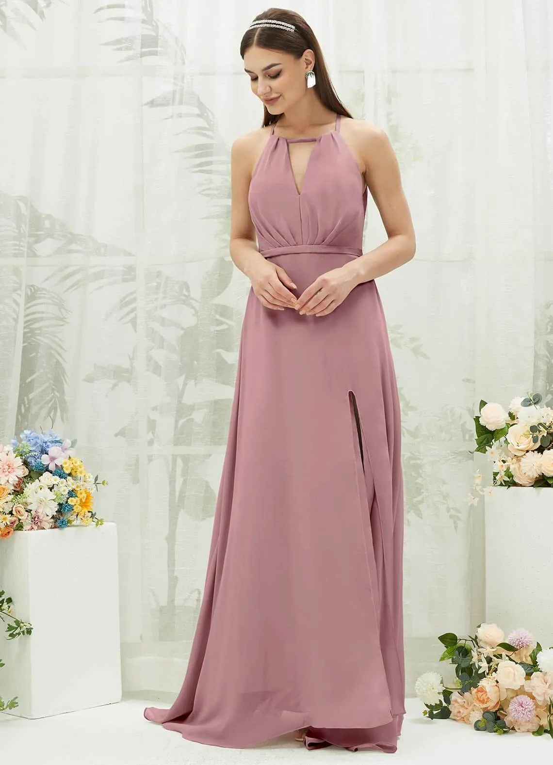 Vintage Mauve Chiffon Halter V-Neck Slit  Backless Maxi Bridesmaid Dress