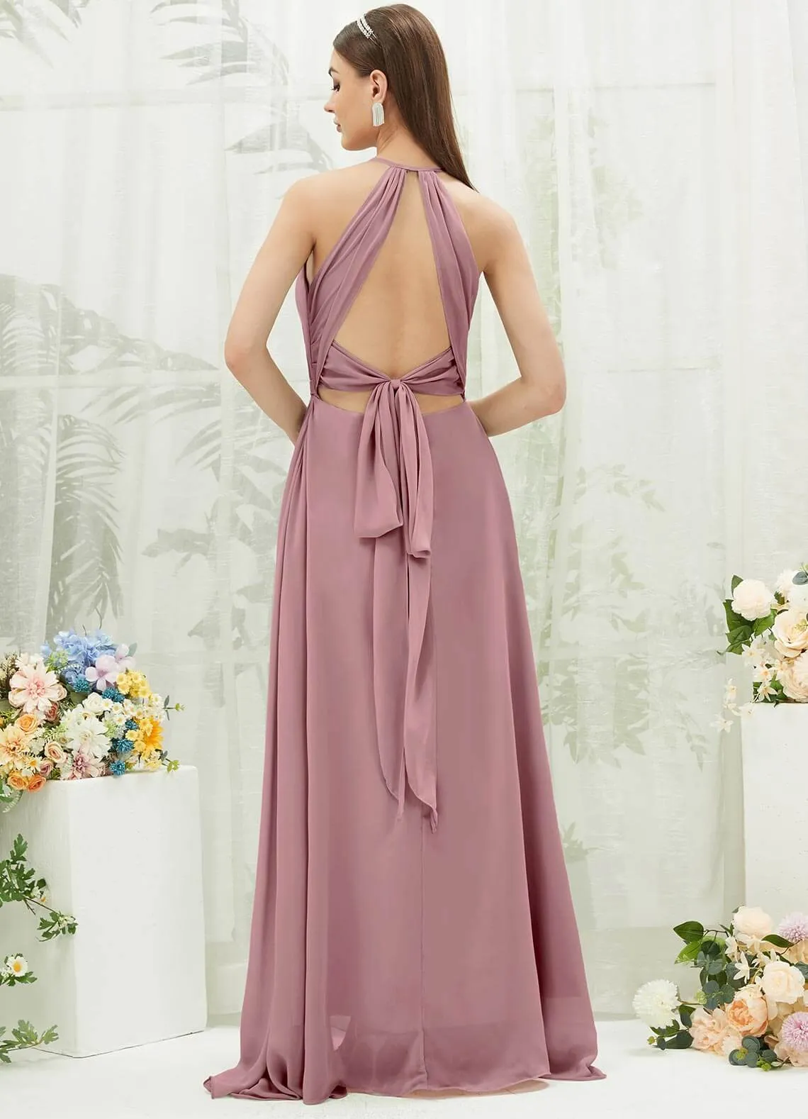 Vintage Mauve Chiffon Halter V-Neck Slit  Backless Maxi Bridesmaid Dress