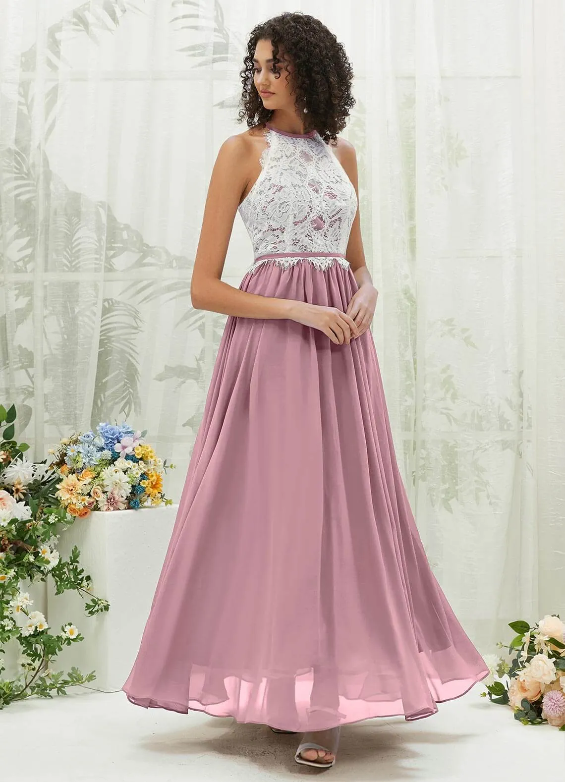 Vintage Mauve Lace Halter Neck Backless Chiffon Slit Bridesmaid Dress