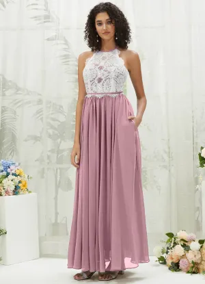 Vintage Mauve Lace Halter Neck Backless Chiffon Slit Bridesmaid Dress