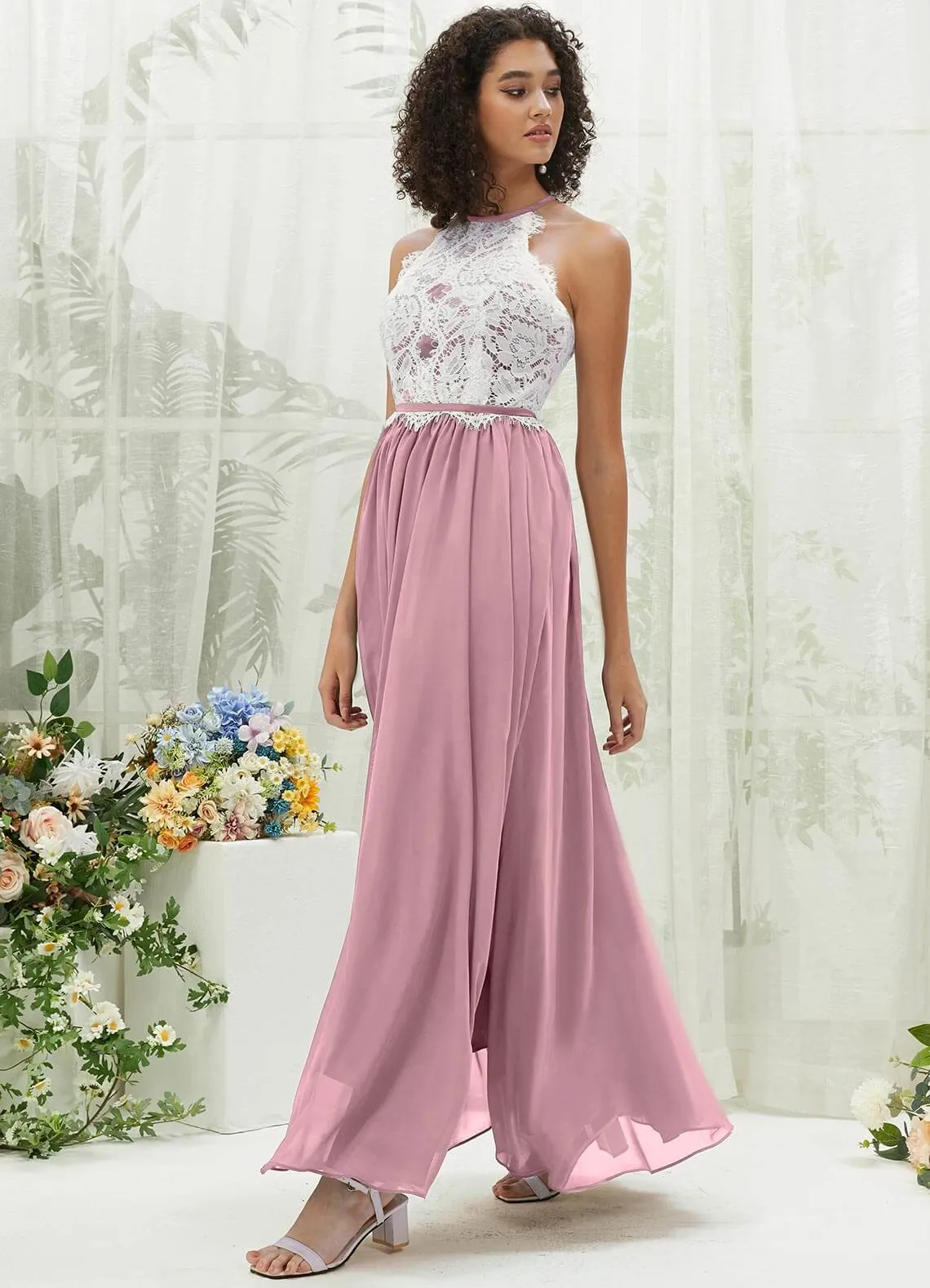 Vintage Mauve Lace Halter Neck Backless Chiffon Slit Bridesmaid Dress