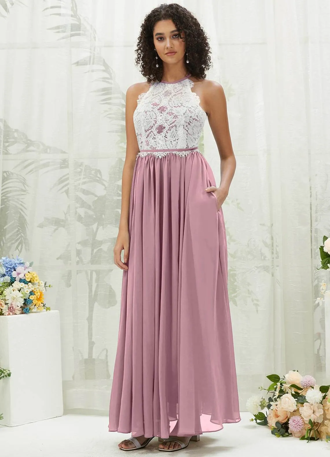 Vintage Mauve Lace Halter Neck Backless Chiffon Slit Bridesmaid Dress