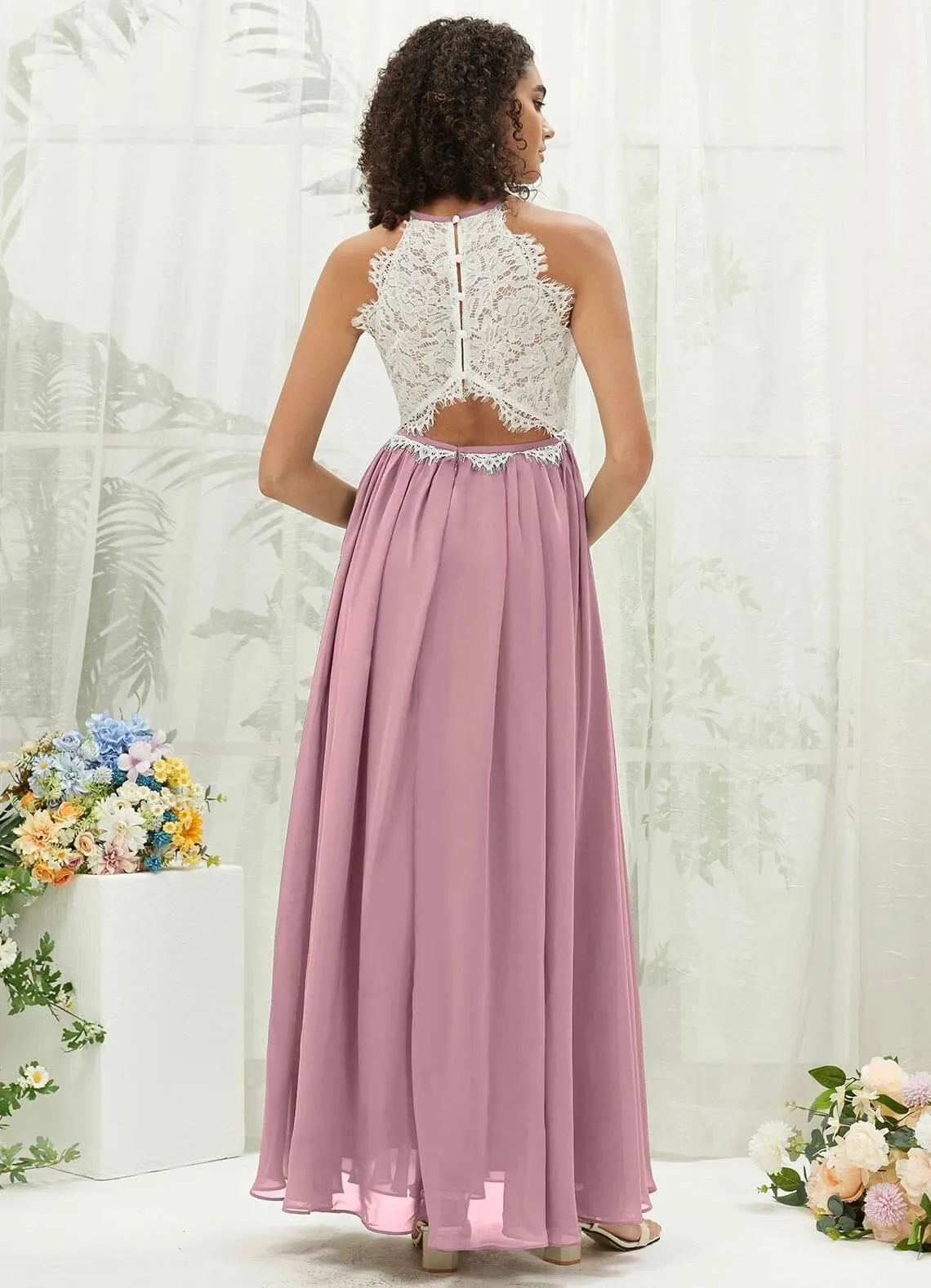 Vintage Mauve Lace Halter Neck Backless Chiffon Slit Bridesmaid Dress
