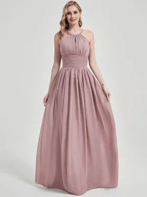 Vintage Mauve Pleated Halter Sleeveless Maxi Chiffon Bridesmaid Dress