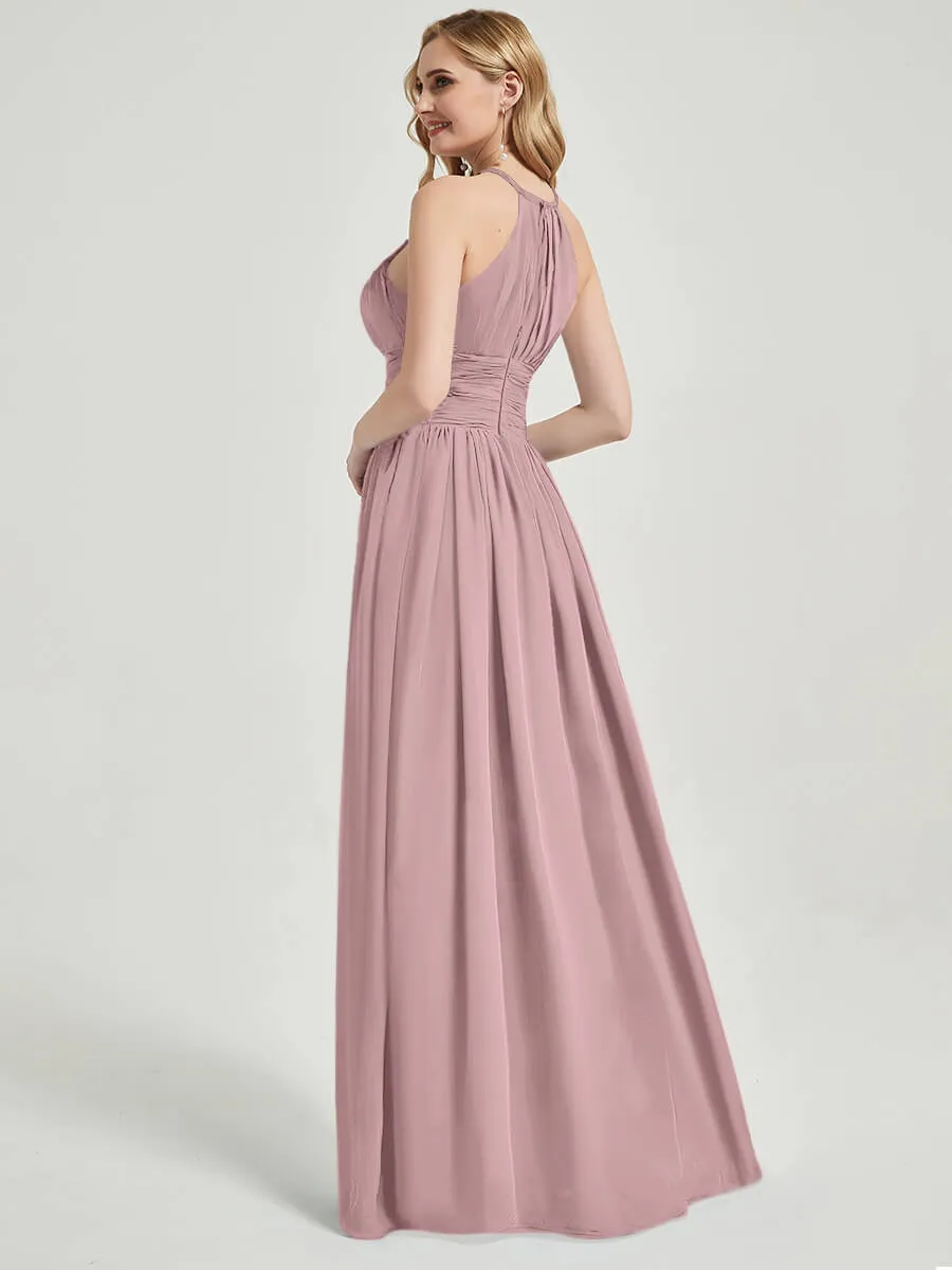 Vintage Mauve Pleated Halter Sleeveless Maxi Chiffon Bridesmaid Dress