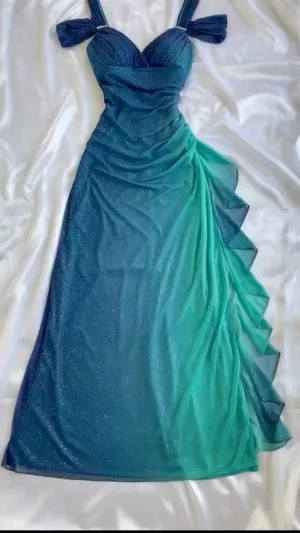 Vintage Ombre Straps Off Shoulder Ruffles Chiffon Long Party Dress, DP4386