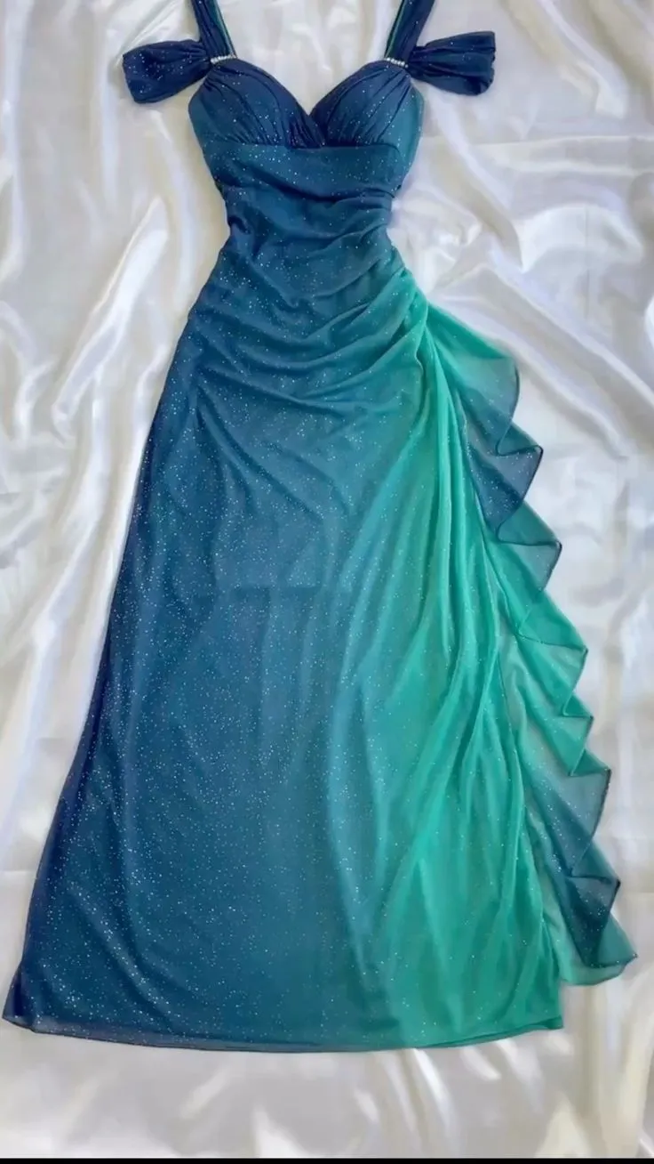 Vintage Ombre Straps Off Shoulder Ruffles Chiffon Long Party Dress, DP4386