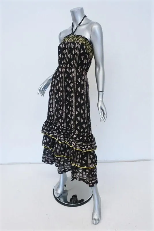 Warm Halter Maxi Dress Black Printed Cotton Size 0 Tiered Embroidered Ruffle-Hem