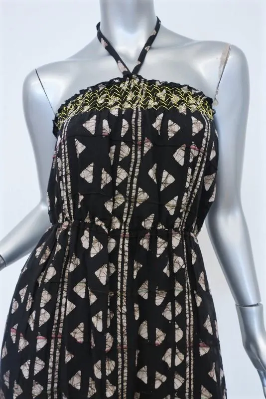Warm Halter Maxi Dress Black Printed Cotton Size 0 Tiered Embroidered Ruffle-Hem