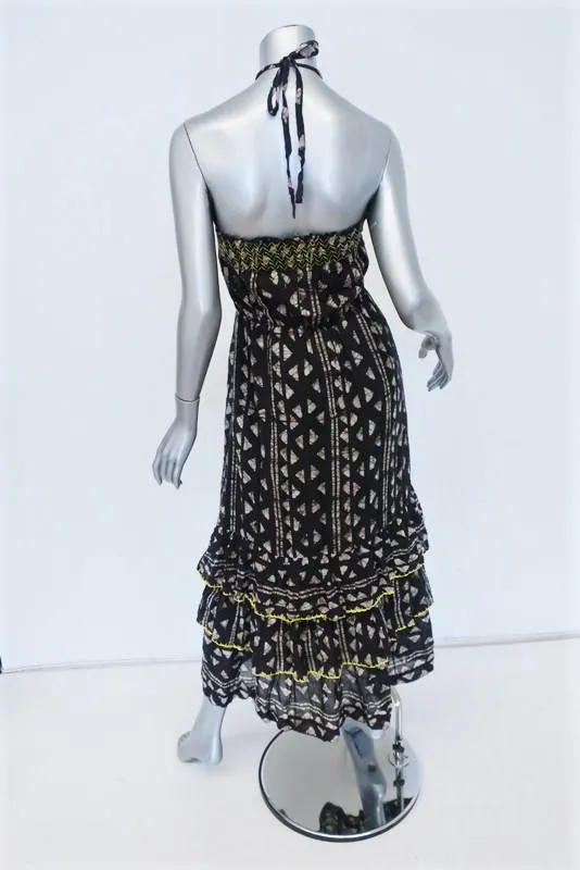 Warm Halter Maxi Dress Black Printed Cotton Size 0 Tiered Embroidered Ruffle-Hem