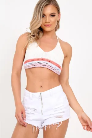 White Crochet Multi Hem Halterneck Crop Top - Aby