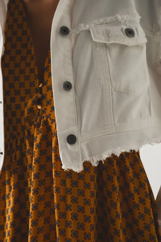 White Cropped Raw Hem Denim Jacket