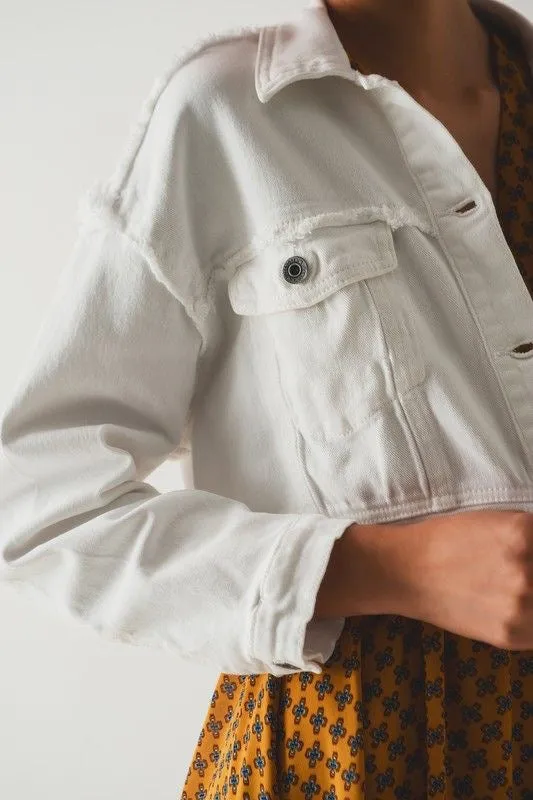 White Cropped Raw Hem Denim Jacket