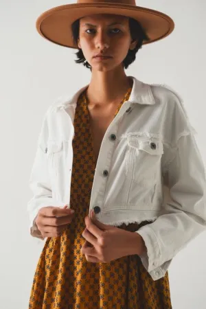 White Cropped Raw Hem Denim Jacket