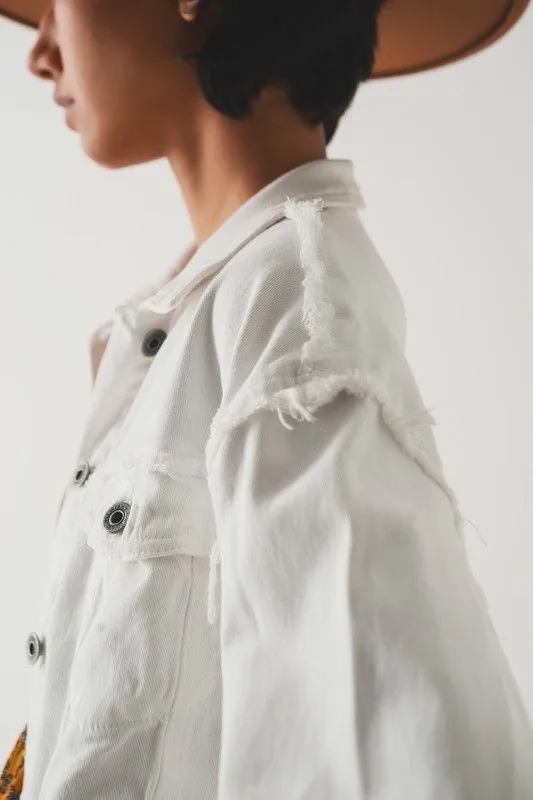 White Cropped Raw Hem Denim Jacket