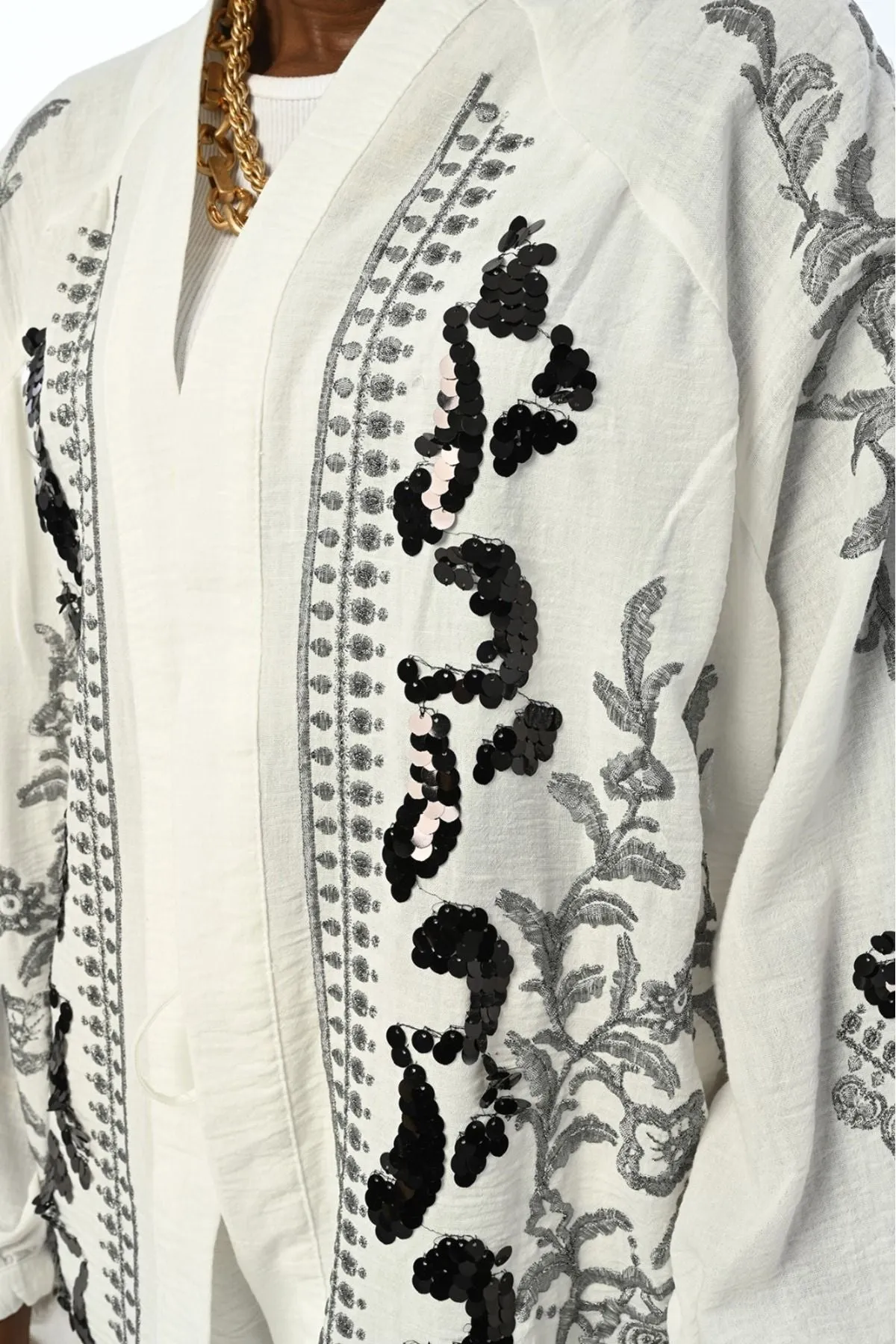 White X Silver Embroidered Kimono