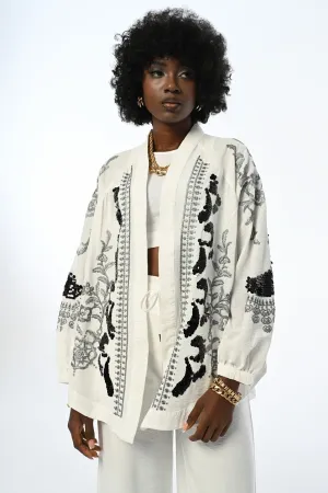 White X Silver Embroidered Kimono