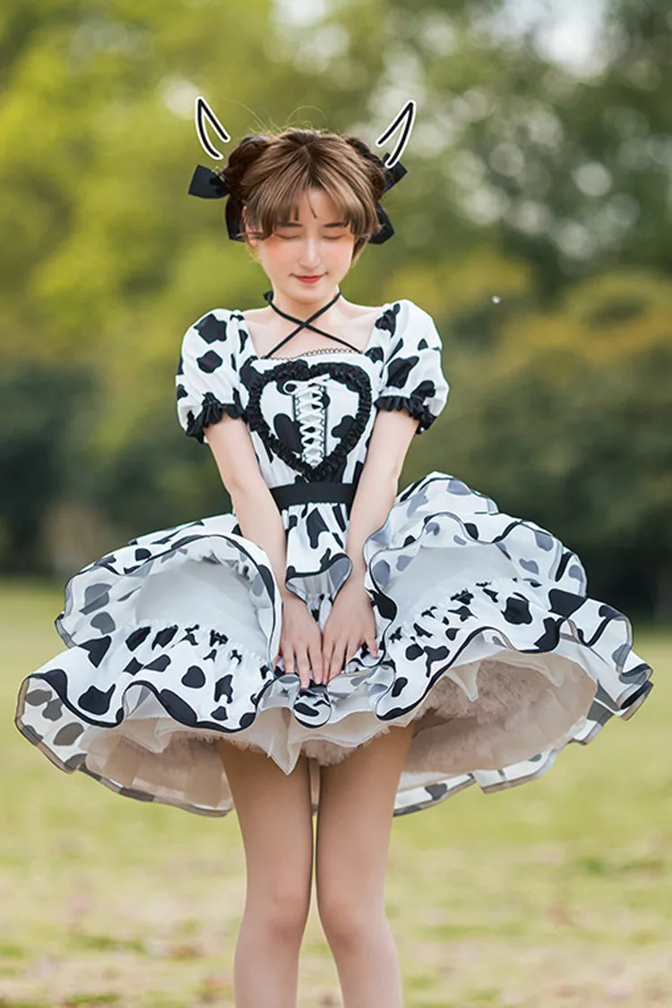 White/Black Halter Neck Puff Sleeve Ruffled Cow Print Sweet Lolita OP Dress