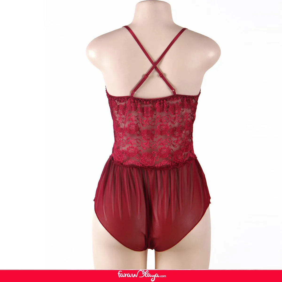 Wine Red Halter Lace Plus Size Teddy Lingerie With Farawlaya