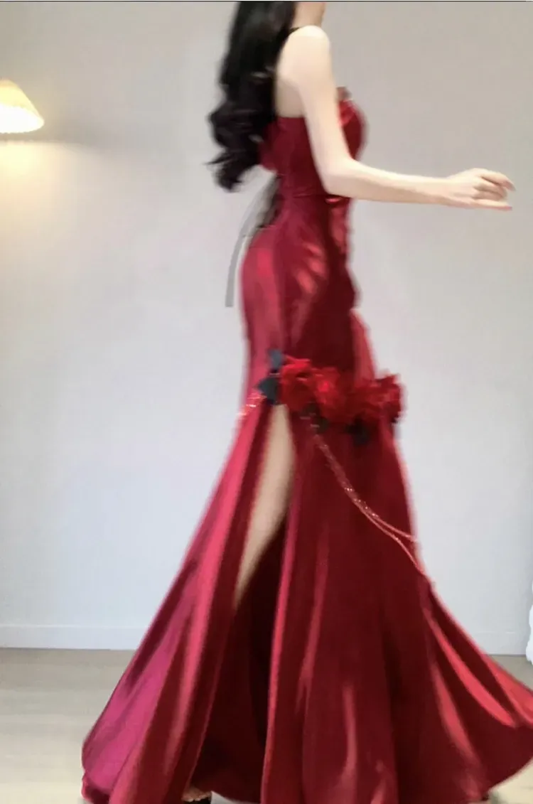 Wine Red Rose One Shoulder Mermaid Long Party Dress Birthday Dress, DP3076