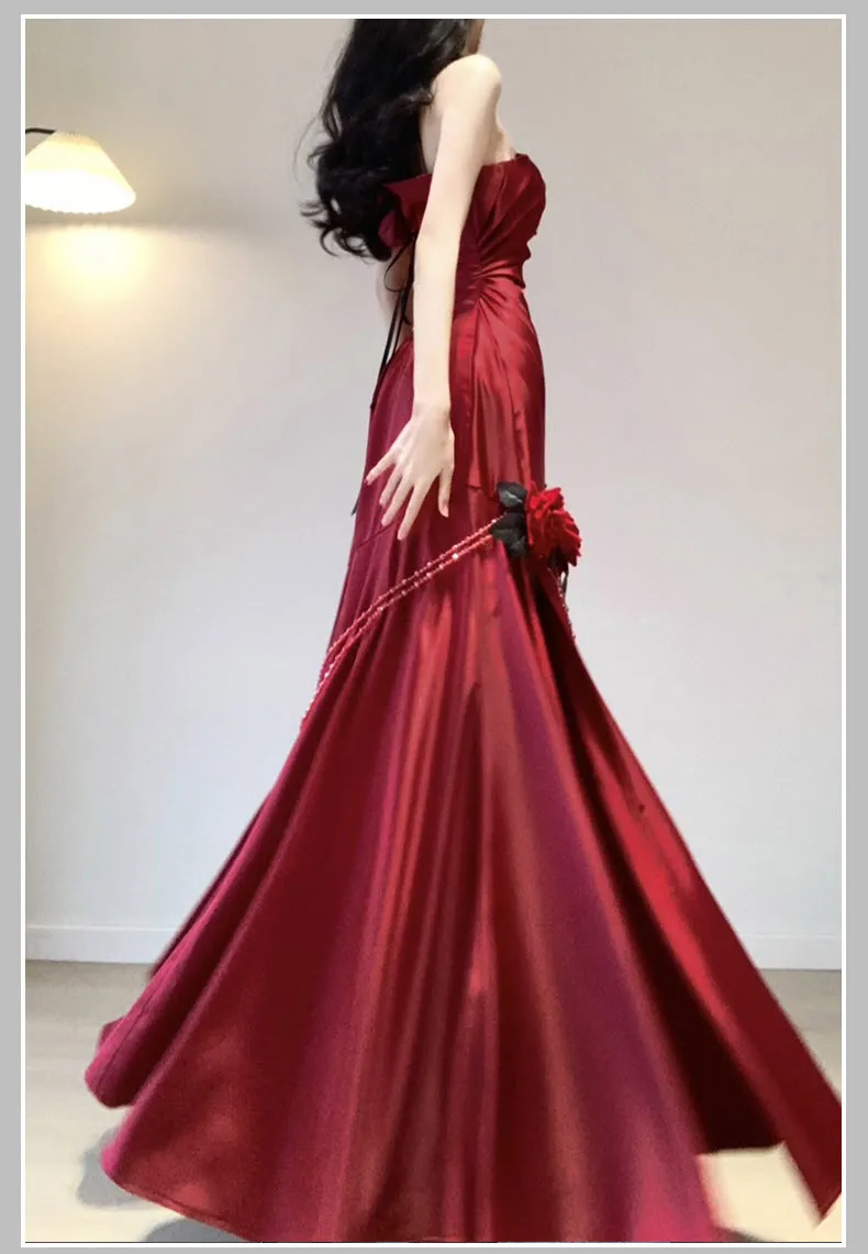 Wine Red Rose One Shoulder Mermaid Long Party Dress Birthday Dress, DP3076