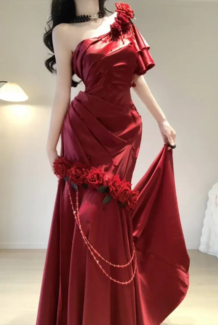 Wine Red Rose One Shoulder Mermaid Long Party Dress Birthday Dress, DP3076
