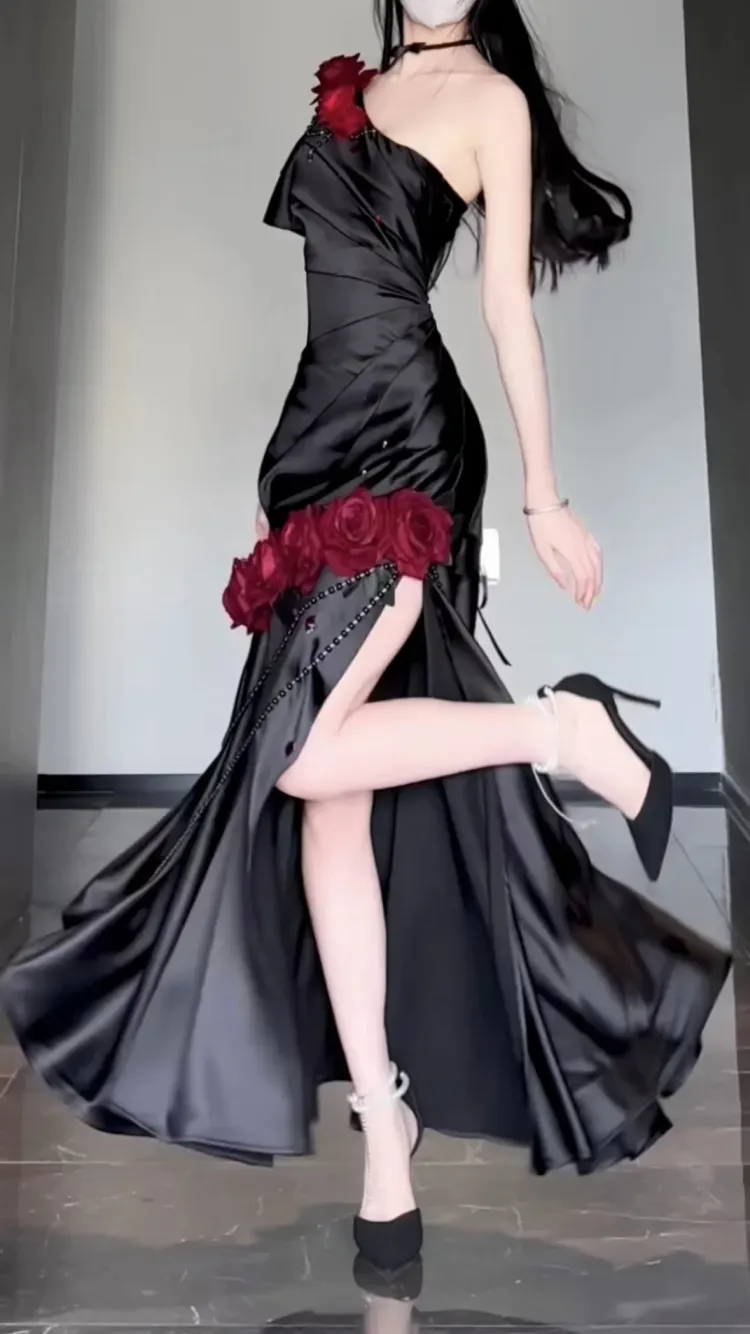 Wine Red Rose One Shoulder Mermaid Long Party Dress Birthday Dress, DP3076