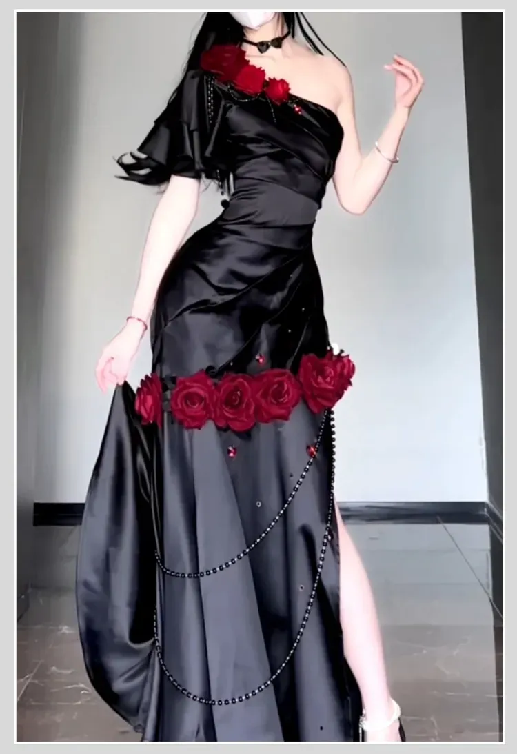 Wine Red Rose One Shoulder Mermaid Long Party Dress Birthday Dress, DP3076