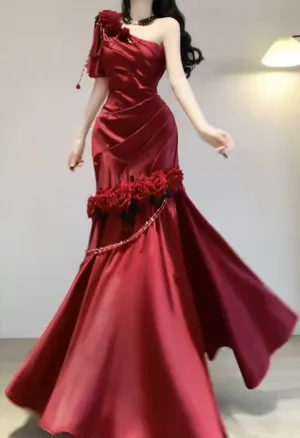 Wine Red Rose One Shoulder Mermaid Long Party Dress Birthday Dress, DP3076