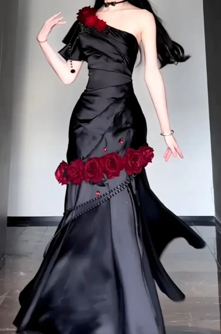 Wine Red Rose One Shoulder Mermaid Long Party Dress Birthday Dress, DP3076