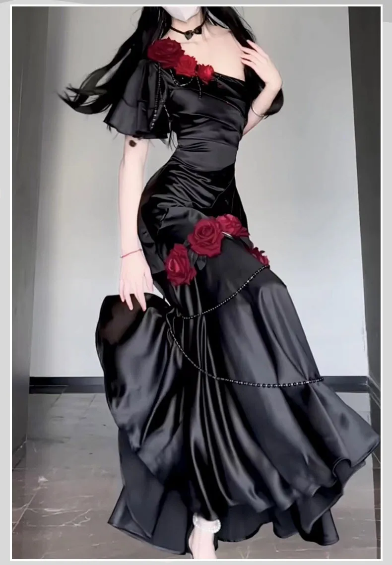 Wine Red Rose One Shoulder Mermaid Long Party Dress Birthday Dress, DP3076
