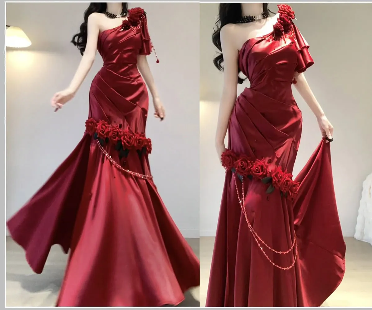 Wine Red Rose One Shoulder Mermaid Long Party Dress Birthday Dress, DP3076
