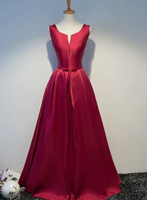Wine Red Satin Floor Length Lace-up Long Prom Dresses, Dark Red Party Dresses