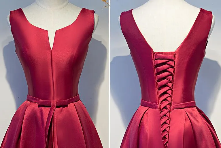 Wine Red Satin Floor Length Lace-up Long Prom Dresses, Dark Red Party Dresses