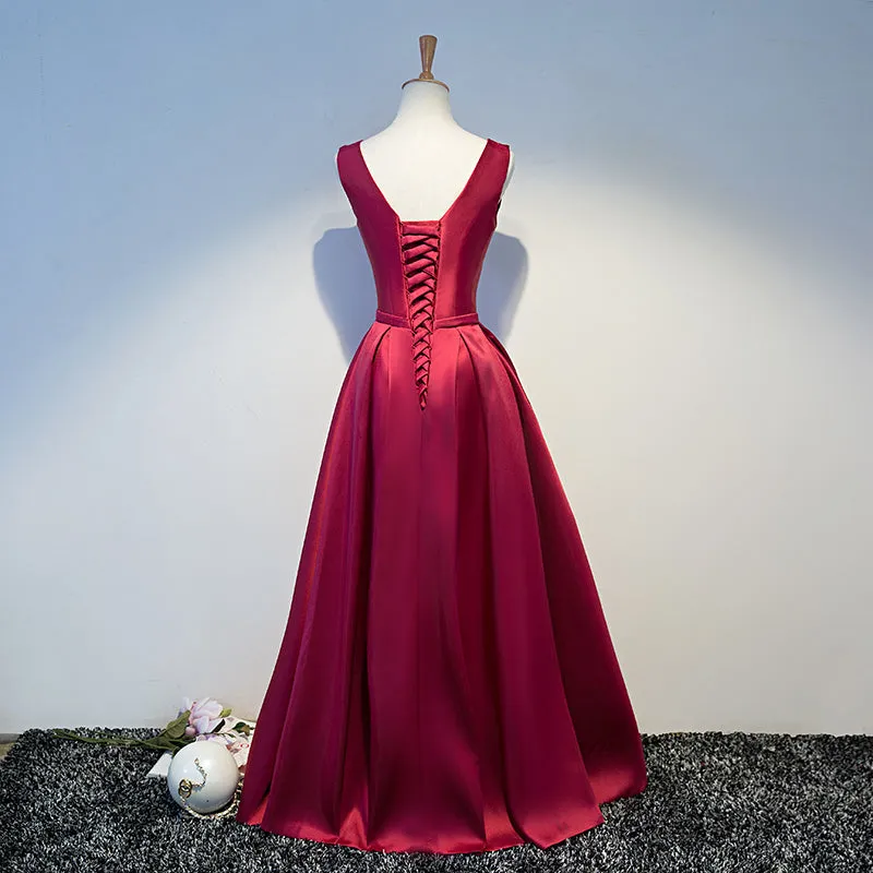 Wine Red Satin Floor Length Lace-up Long Prom Dresses, Dark Red Party Dresses