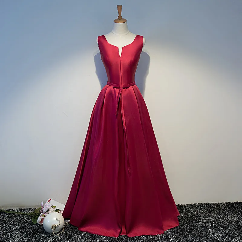 Wine Red Satin Floor Length Lace-up Long Prom Dresses, Dark Red Party Dresses