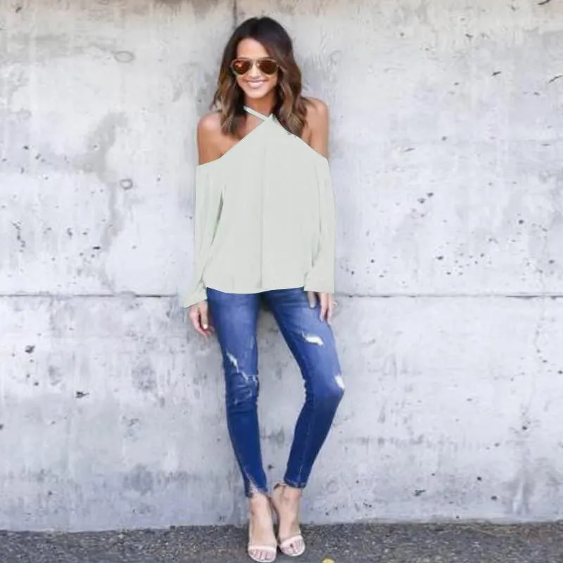 Women Chiffon Halter Blouse Black White Casual Long Sleeve Off Shoulder Loose Club Party Tops Shirts Plus Size