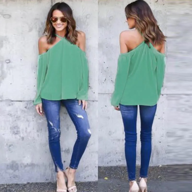 Women Chiffon Halter Blouse Black White Casual Long Sleeve Off Shoulder Loose Club Party Tops Shirts Plus Size