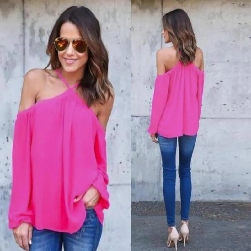 Women Chiffon Halter Blouse Black White Casual Long Sleeve Off Shoulder Loose Club Party Tops Shirts Plus Size