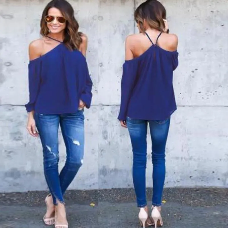 Women Chiffon Halter Blouse Black White Casual Long Sleeve Off Shoulder Loose Club Party Tops Shirts Plus Size