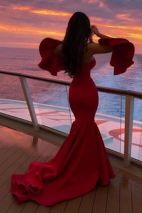 Women Red Mermaid Evening Dress Strapless Neckline