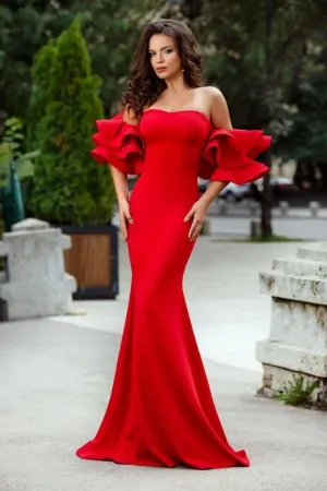 Women Red Mermaid Evening Dress Strapless Neckline