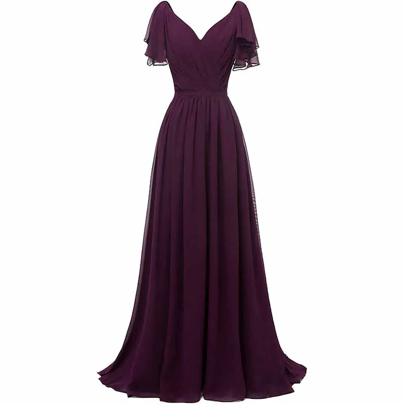 Women Ruffle Sleeves Bridesmaid Dress Chiffon Long Formal Wedding Evening Gowns