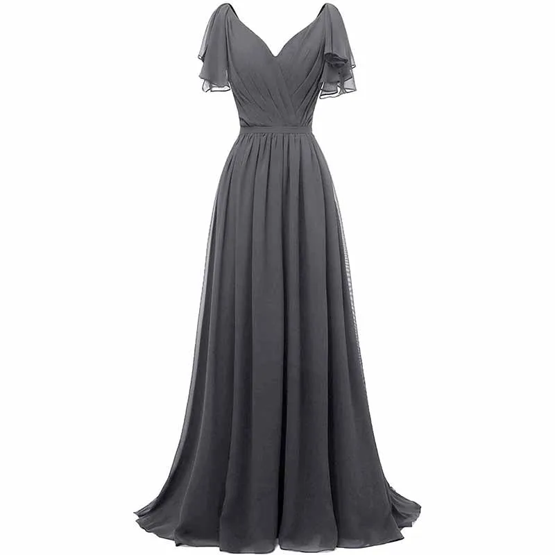 Women Ruffle Sleeves Bridesmaid Dress Chiffon Long Formal Wedding Evening Gowns